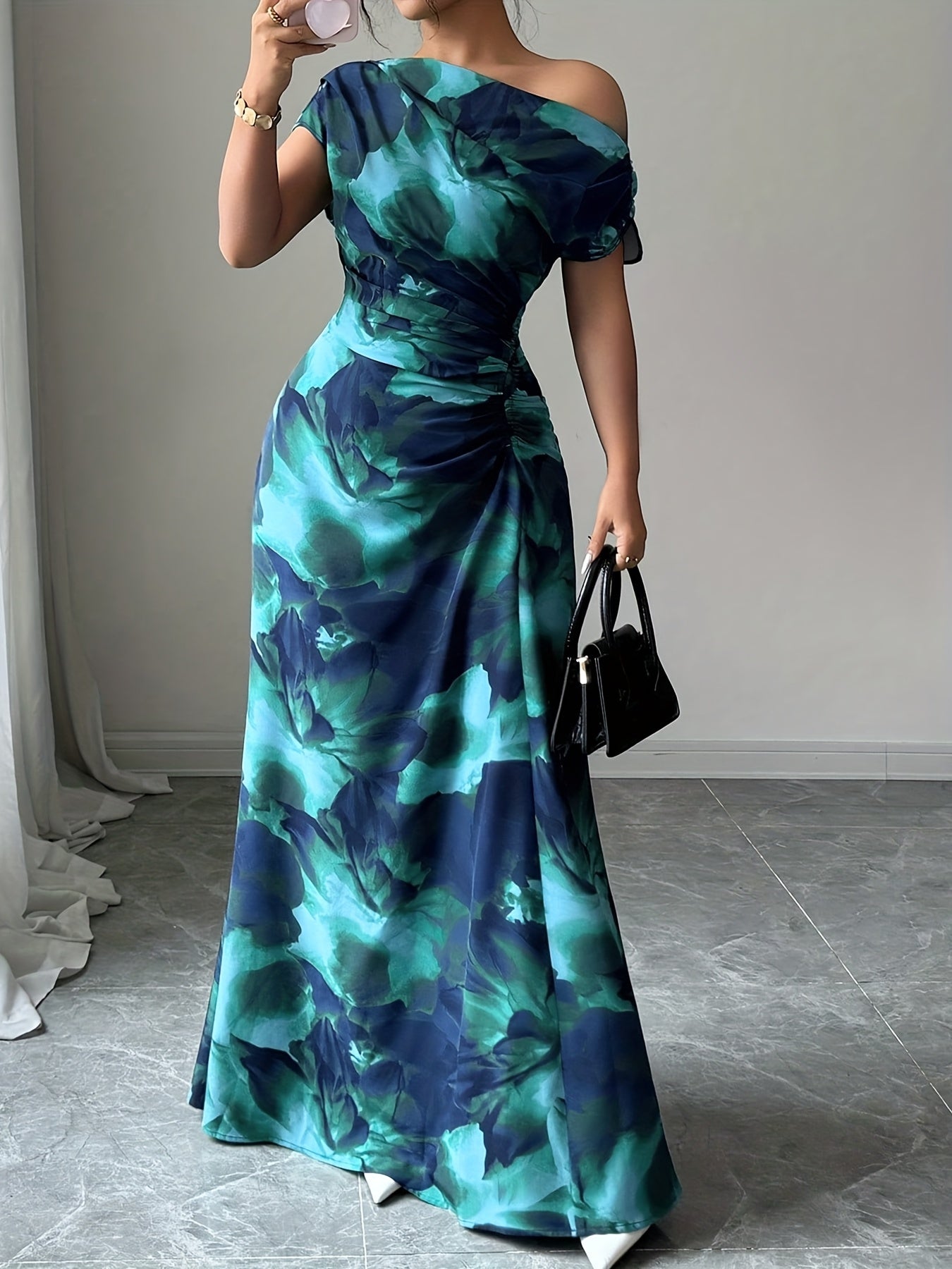Spring/Summer Women's Dress, Elegant Off-Shoulder Waist-Cinching Business Cocktail Dress, Blue-Green Ink Wash Print Long Dress for Women WJ496