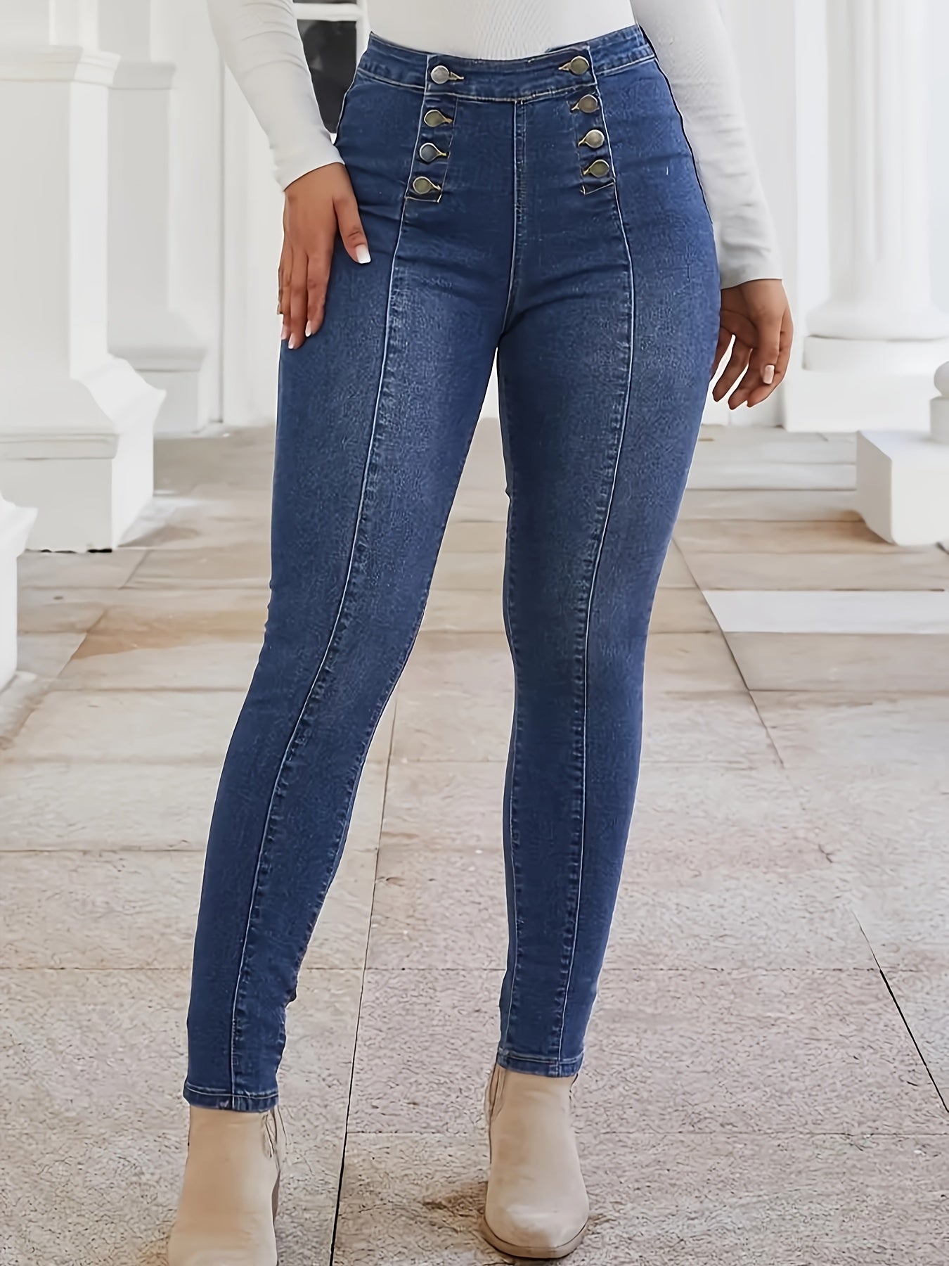 Jean skinny à boutons et plis piqués, pantalon en denim stretch moyen croisé style vintage, jean et vêtements en denim pour femme, idéal pour l'automne