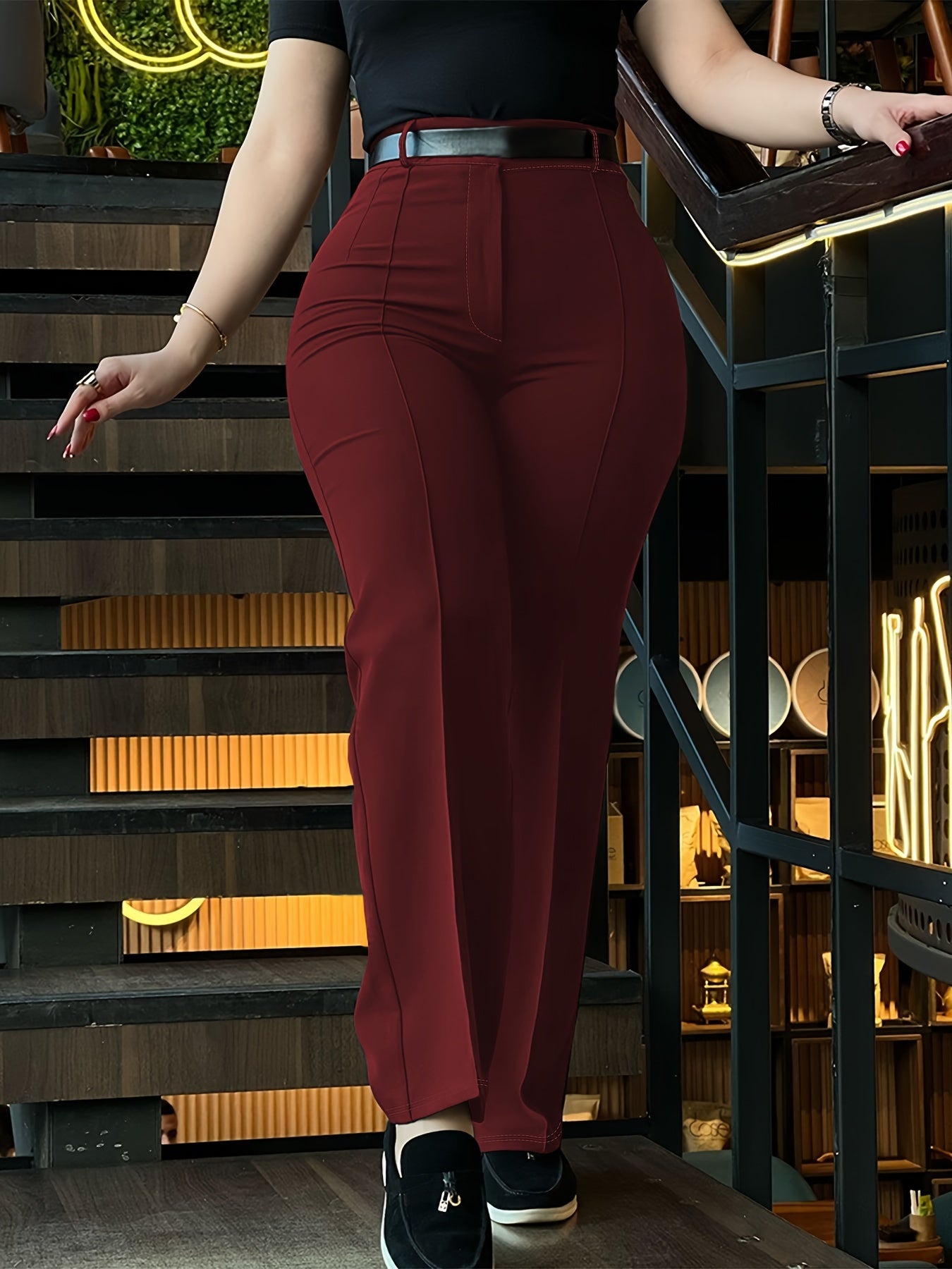 Pantalon Femme Taille Haute – Costume Noir Élégant, Jambe Droite, Polyester, Tous Saisons
