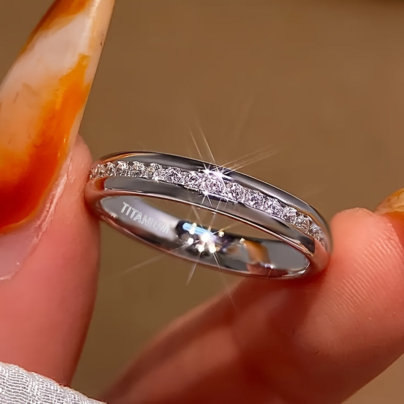 1pc 4mm Wide Round Arc Cubic Synthetic Zirconia Ring, Never Fade Titanium Steel Material Women's Trendy Wedding Engagement Jewelry Gift