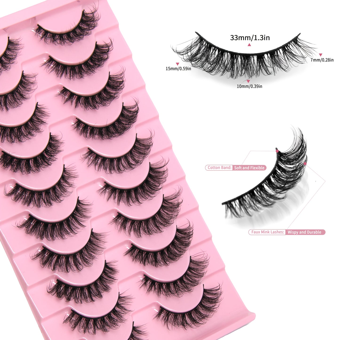 Faux cils effet naturel et duveteux, 10 paires, courbure DD, extension en bande complète, sans parfum, réutilisables