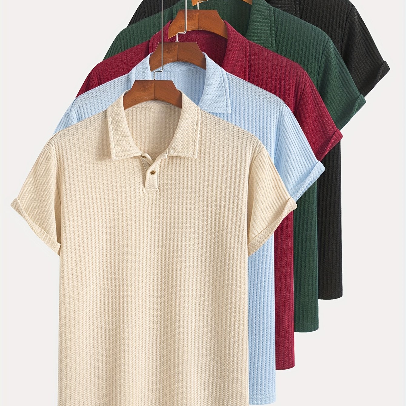 Set of 5 Short-Sleeve Polo Shirts with Jacquard Texture for Summer Casual Sports, Knit
