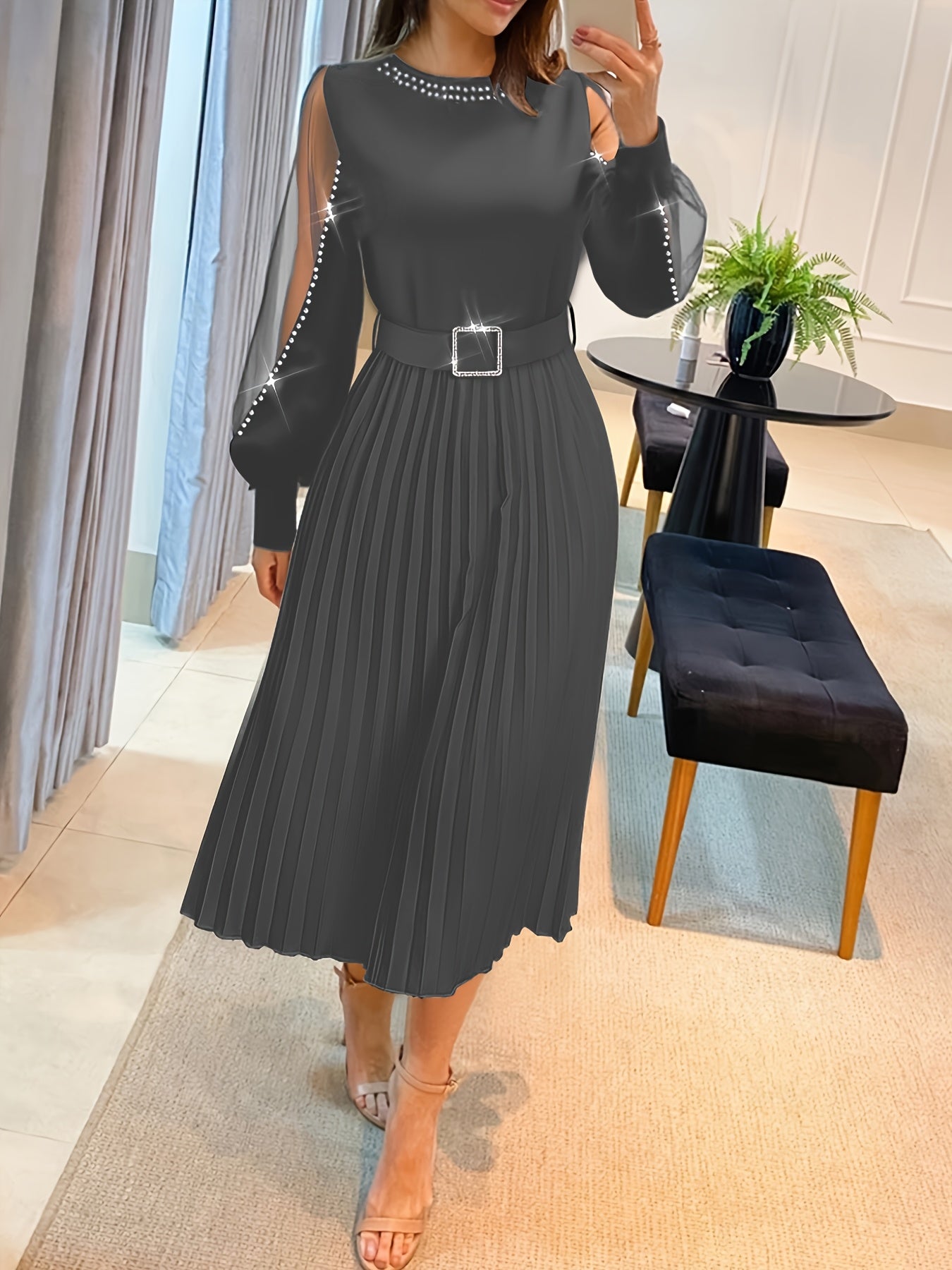 New Fashion Styles for The 2025 Holiday Season, Women'S Long-Sleeve Pleated Dress with Mesh Panels And a Belt Adorned with Rhinestones.