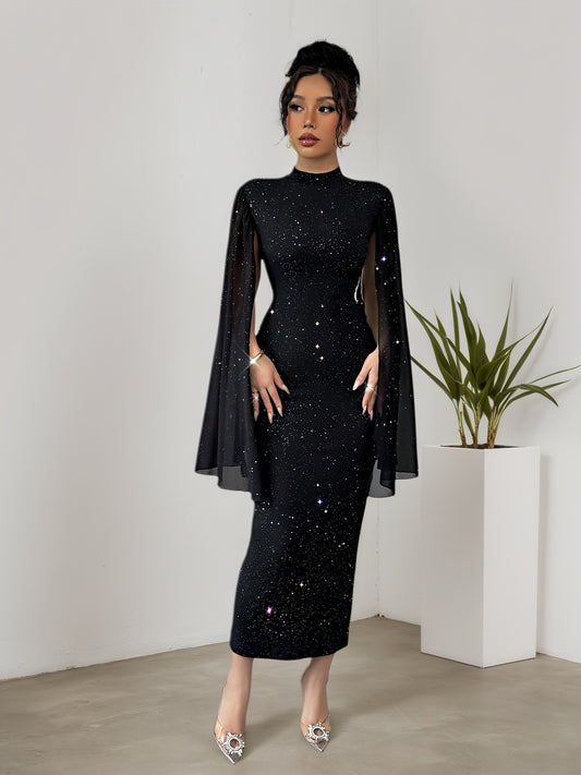 High Neck Star Sequin Dress with Cape Shawl | Y2K Party Evening Dress (Fits Small! Order 1 Size Up)