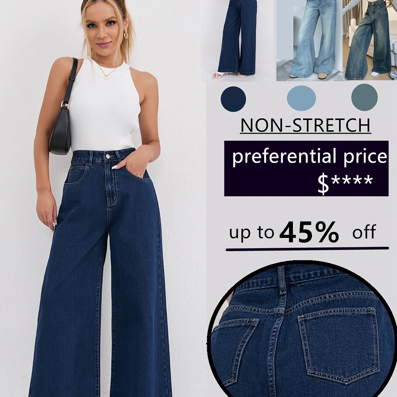 Jeans Femme Vintage Jambe Large Droite Non Extensible Taille Mi-Haute Toute Saison Décontracté et Formel