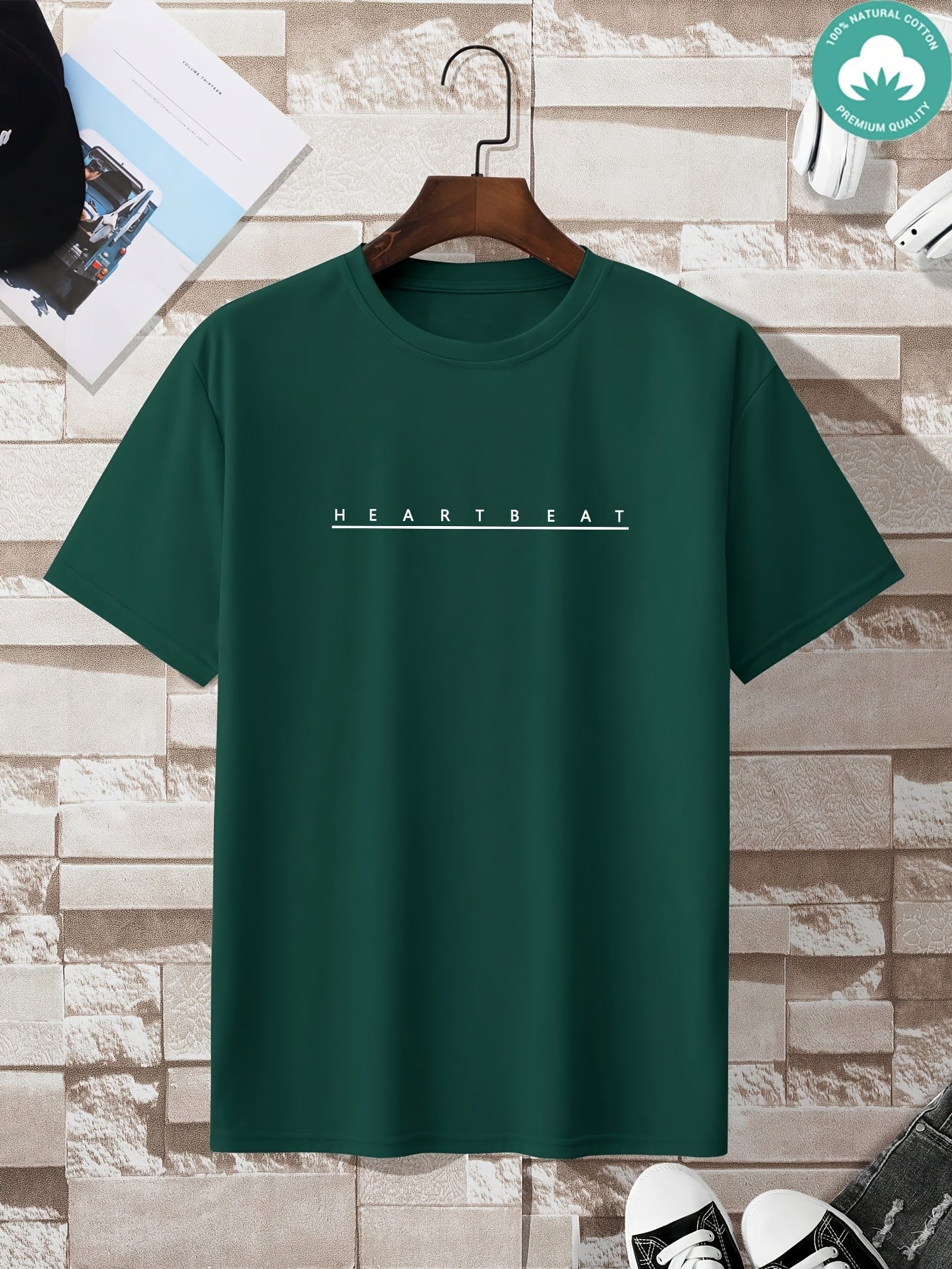 2025 Summer New Arrival Plus Size Men's Fashion Trendy Comfortable Designer Letter "heart beat" Graphic Printed Top Tee 180g 100% Cotton, PLUS SIZE