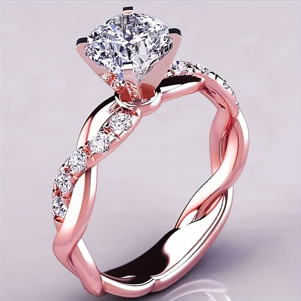 Classic 4-Prong Cubic Synthetic Zirconia Engagement Ring, Twisted Wedding Band with Multiple Synthetic Sparkling Synthetic Zirconia Stones, Women's Marriage and Engagement Jewelry, Suitable for Ladies, Party Gift