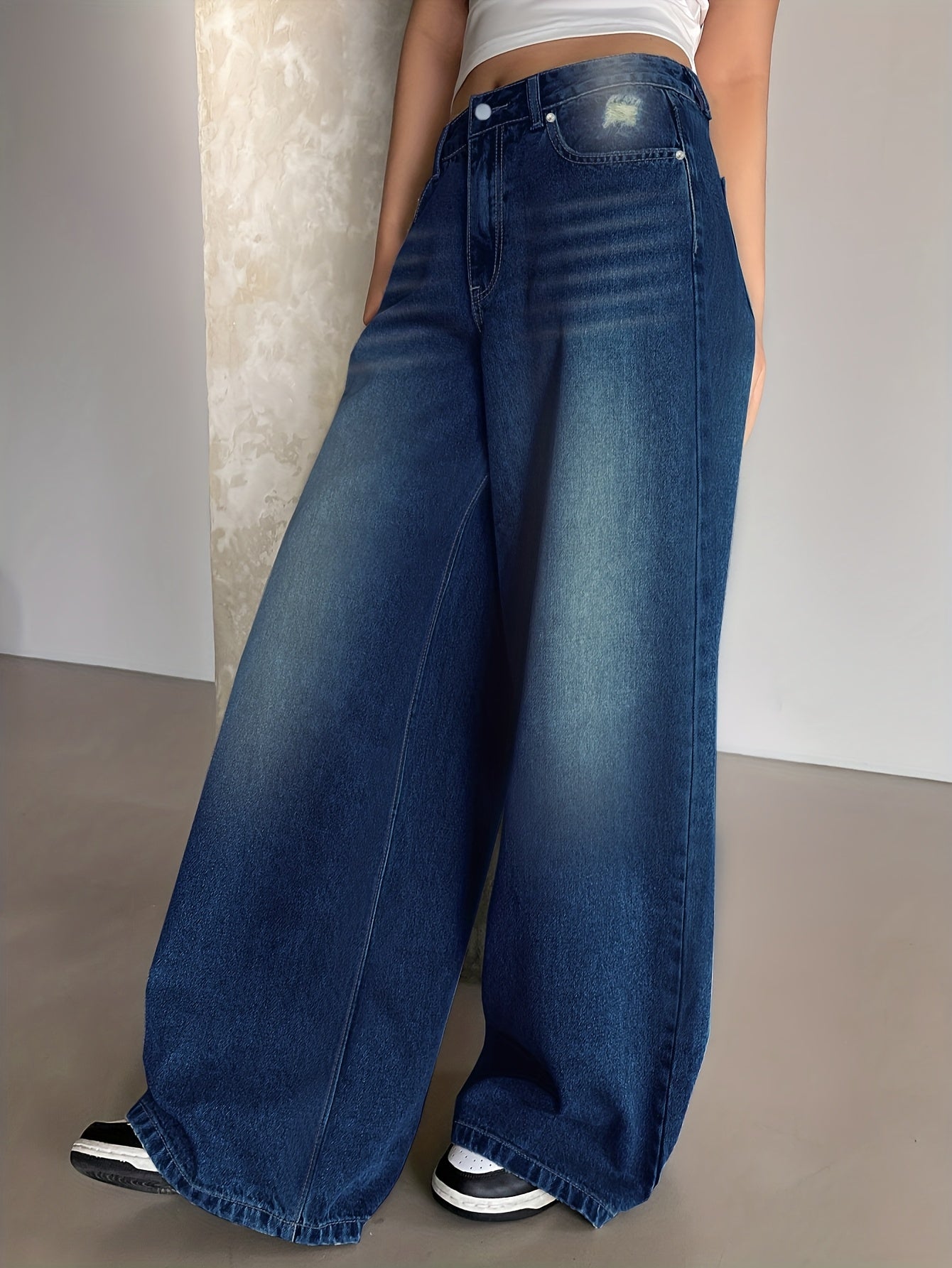 Jeans Femme Oversize Jambe Large Bleu Foncé Effet Usé Jambe Droite Poches Ourlet Net Non Extensible Toute Saison