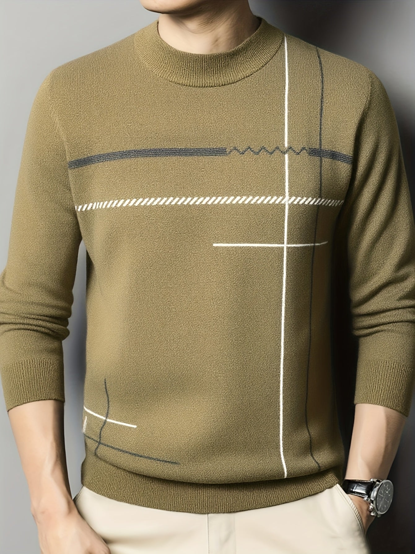 Classic Mature Men's Irregular Stripe Round Neck Casual Long Sleeve Knit Set