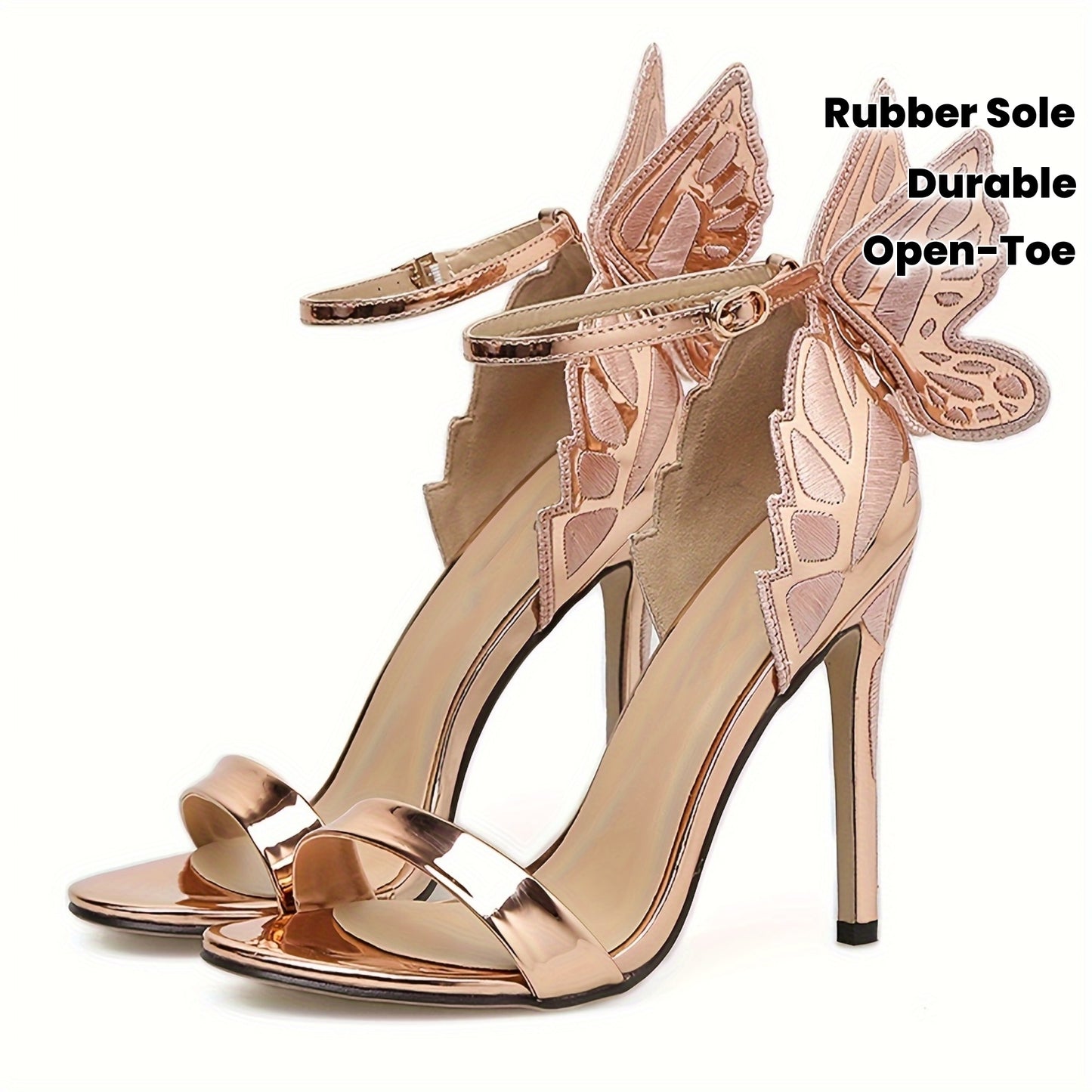 Sandales à Talons Très Hauts pour Femme – Décorations Papillon 3D, Bout Ouvert, Talons Aiguilles, Finition Métallique Rose Doré, Fermeture Boucle, Revêtement Synthétique – Chaussures de Soirée et Événements Formels