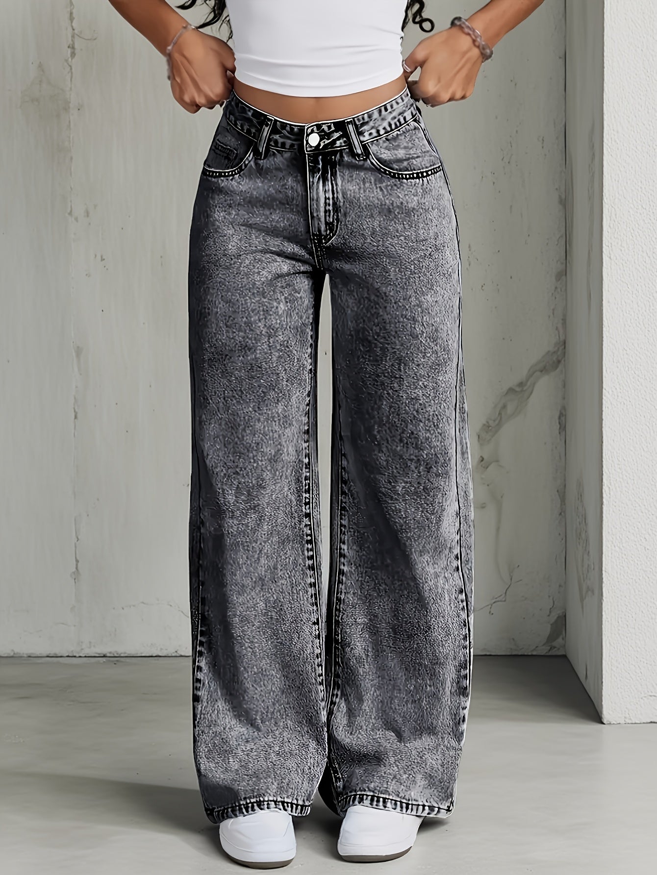 Jeans Femme Jambe Droite Snow-Wash Classique Bleu Gris Confortables Décontractés Toute Saison Flatteurs Élégants Automne Hiver