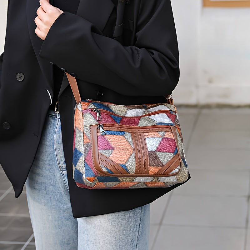 Sac femme – Sac bandoulière casual, design patchwork, style simple et tendance, fermeture éclair aléatoire