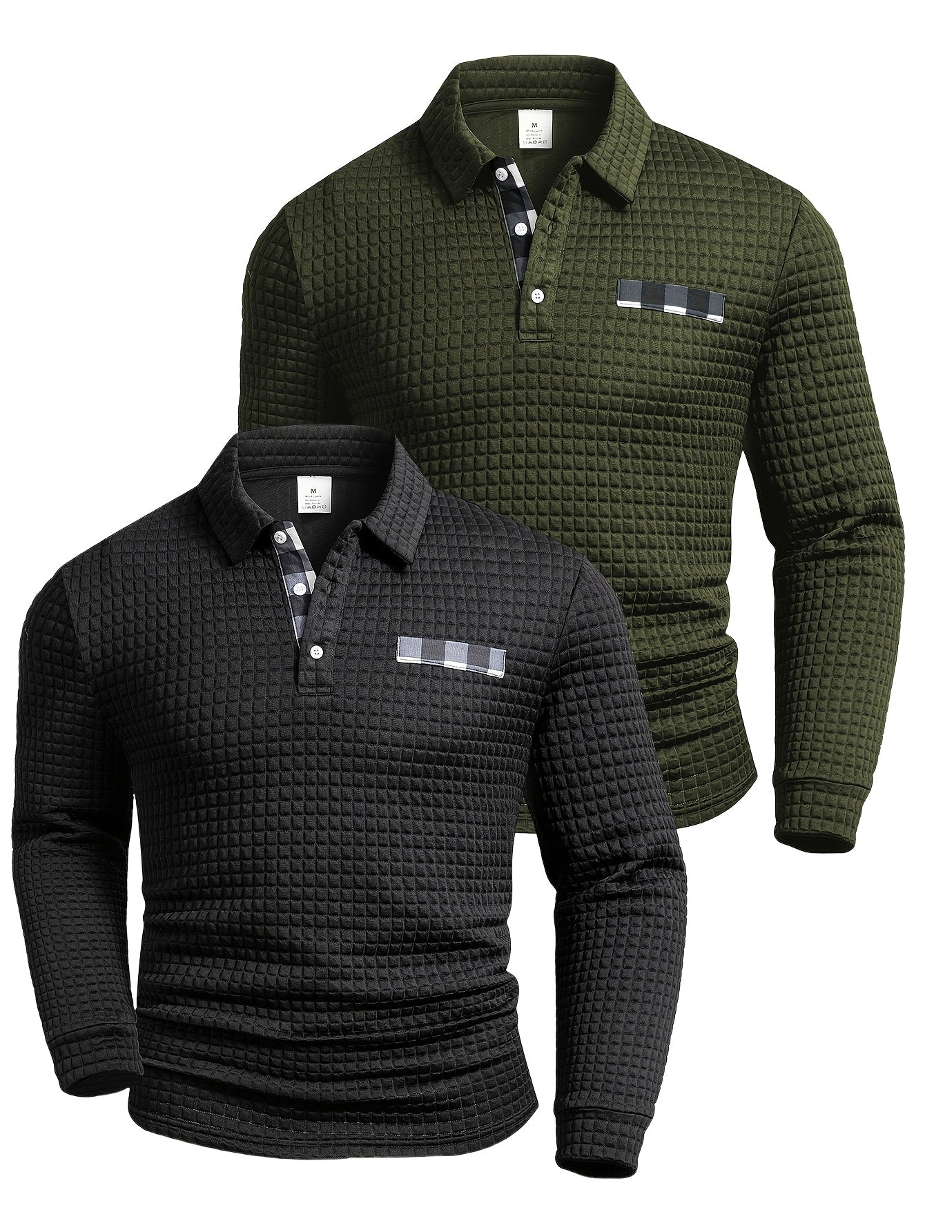 Two Long-Sleeve Polo Shirts with a Digital Print Fabric Featuring a Random Check Pattern, Non-Positioned Plaid Design, Square Check Texture Fabric, Stylish Casual Wear for Everyday Outfits.
