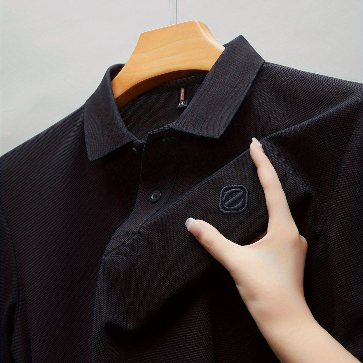 Men's Slim-Fit Short Sleeve Shirt - Breathable Black with White Collar & Logo, Classic Lapel Neck, Wrinkle-Resistant Fabric for Spring/Autumn, Versatile Casual & Semi-Formal Wear - Easy Care (Hand Wash/Dry Clean) - ZBZP25 Col