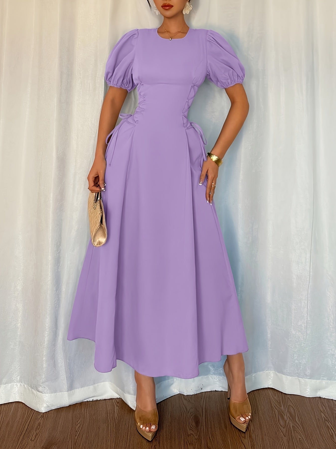 Solid Color Long Dress with Puff Sleeves, Ruffles, and Tie, Suitable for Vacation, Banquet, Party, Formal Wear, and Elegant Dress