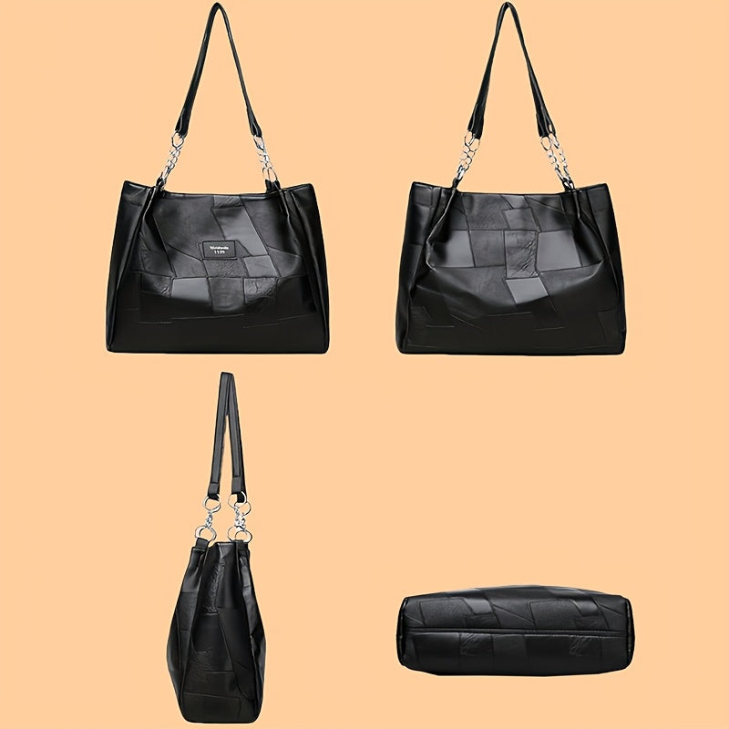 Sac Cabas Femme Élégant – Grande Capacité, Cuir Synthétique Léger, Sac à Main avec Bandoulière Fixe et Fermeture Éclair, Cuir Synthétique à Motif Quadrillé, Idéal pour Travail, Voyage et Déplacements Quotidiens