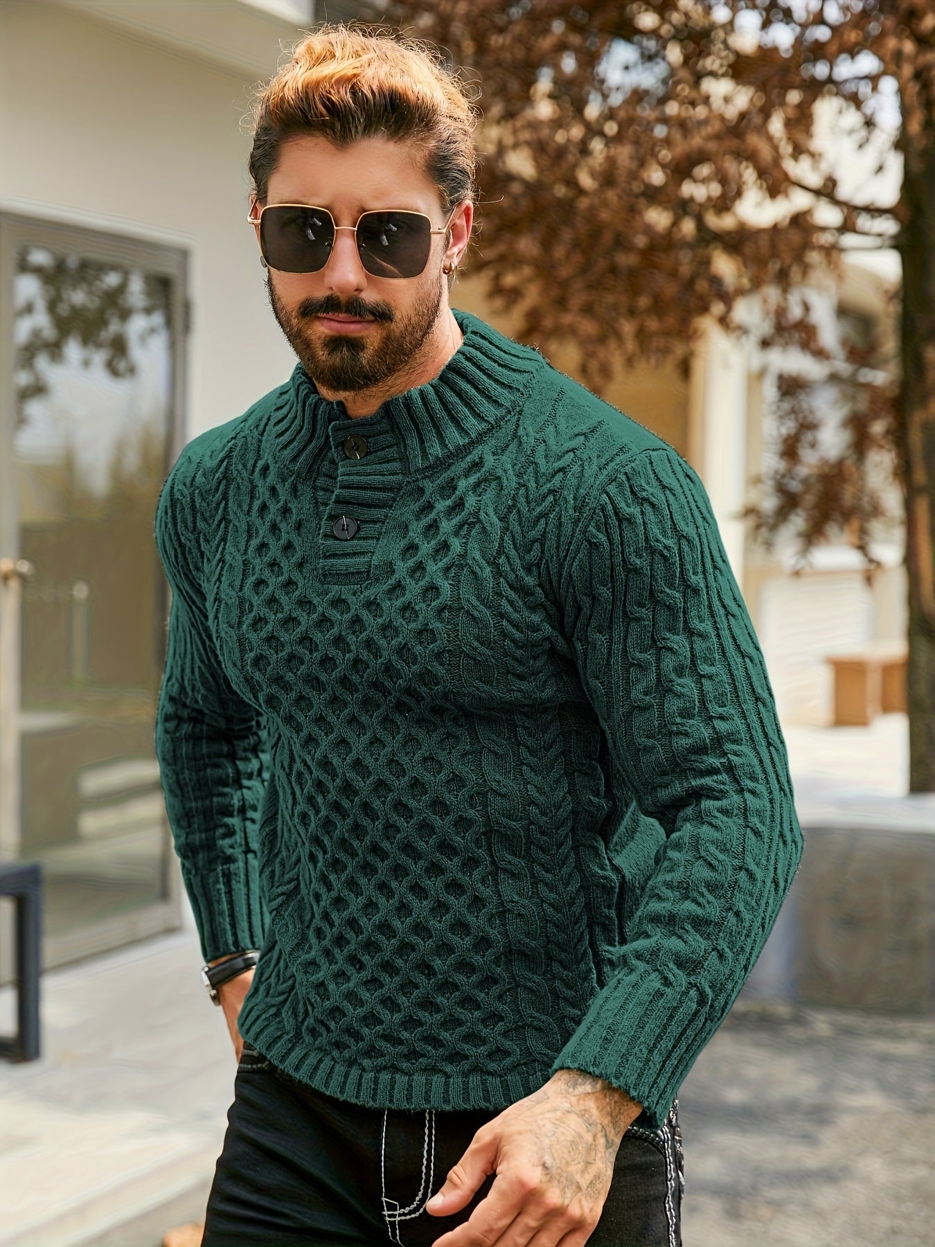 Men's Thermal Stand Collar Cable Knit Sweater - Striped H-Shape Regular Fit Pullover, Machine Washable Winter Sweater with Ribbed Detailing for Autumn & Winter, Knit Sweater, Medium Elasticity Fabric