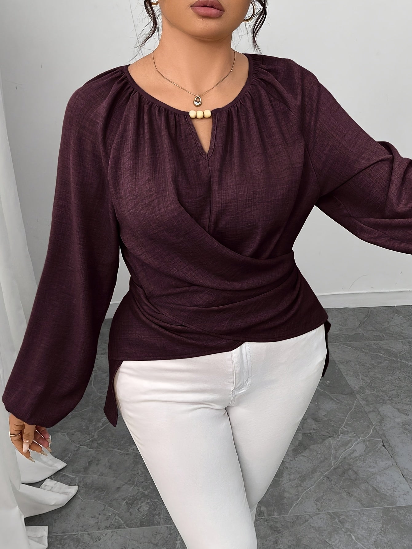 Blouse Femme Grande Taille Élégante – Manches Longues, Couleur Unie Bordeaux/Pourpre Foncé/Navy, Col Rond avec Boutons et Nœud au Dos
