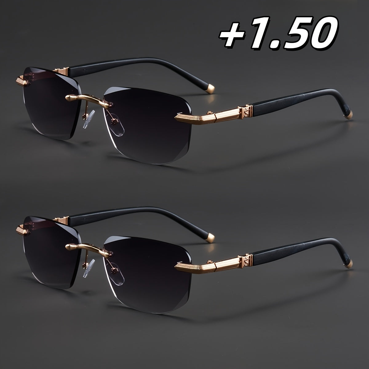Two Pairs, Bundled Set, Stylish, Men'S, Exquisite, Luxurious, Rimless, Beveled Edge, Reading Glasses, Metal Frame, Options: 100, 150, 200, 250, 300, 350, And 400 Degrees, Without Battery, Christmas Gifts
