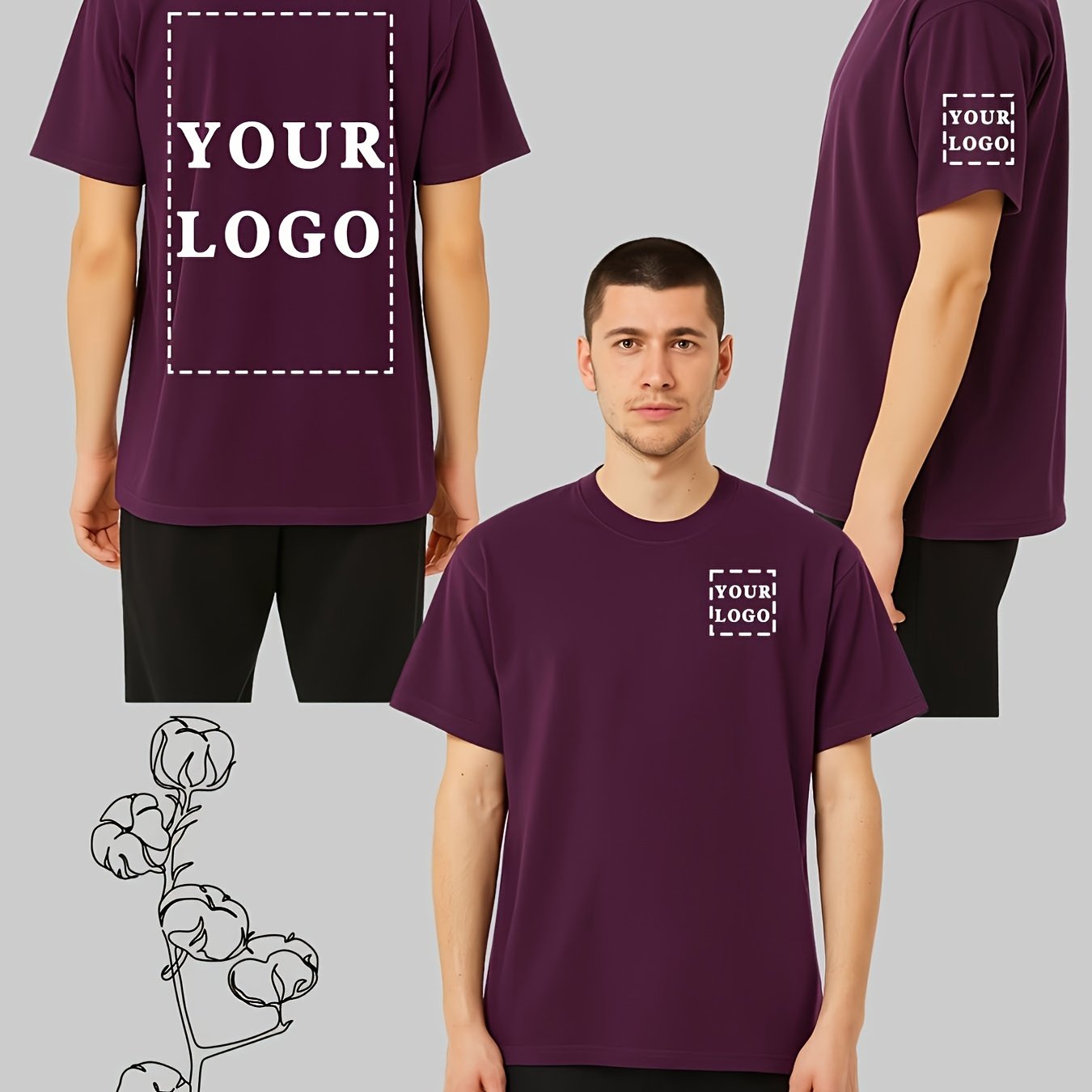 Men's 100% Cotton Custom 3-Section T-Shirt - Personalized Chest, Sleeve & Back Printing with Your Logo/Text/Photo - DIY Short Sleeve Round Neck Casual Summer Shirt for Branding, Events & Casual Attire