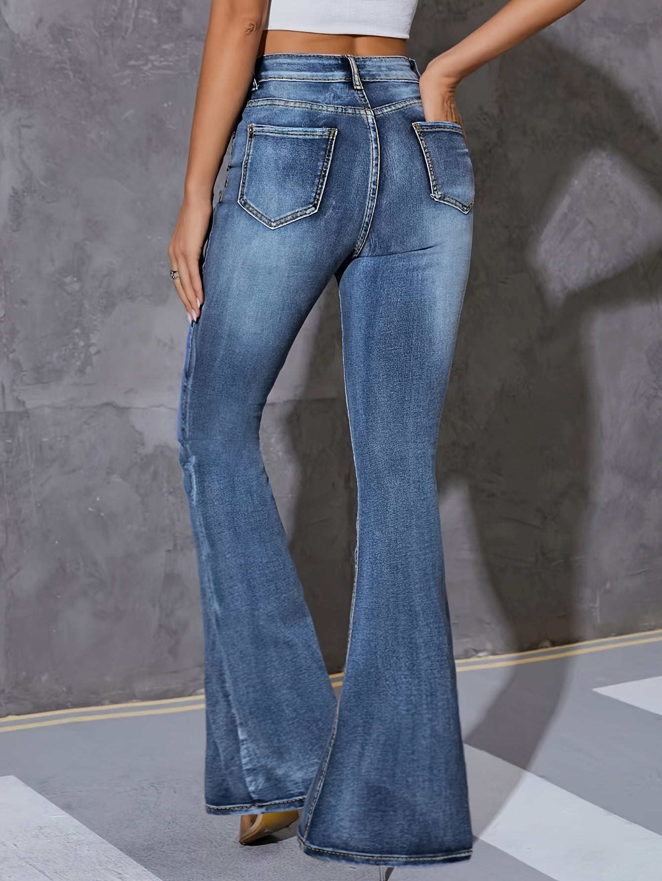Jeans Femme Taille Haute Évasé Extensible Slim Boutons Longueur Totale Bleu Clair Effet Usé Décontracté Toute Saison Non Transparent