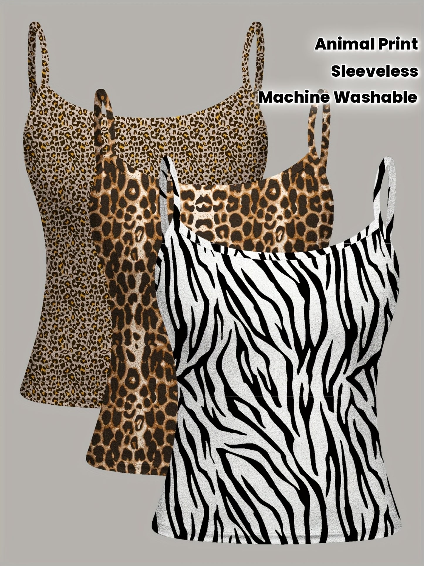 Lot de 3 Débardeurs Femme – Imprimé Léopard et Zèbre, Col Rond, Sportifs et Extensibles