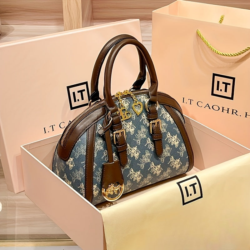 Sac à main vintage à imprimé carrosse pour femme – forme coquillage, bandoulière amovible, motif animal bleu en PVC, doublure polyester, fermeture zippée, élégant cadeau pour maman.