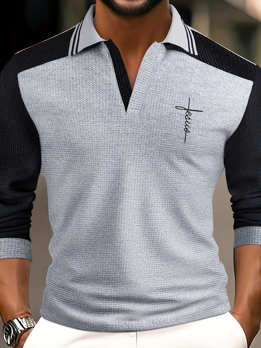 Men'S Waffle Knit V-Neck Long Sleeve Polo Shirt with Contrast Trim, Letter Print, and Chest Emblem - Casual Fall Outdoor Wear, Regular Fit, Pullover Style, Casual Wear|Vneck Shirt|Waffle Knit Texture
