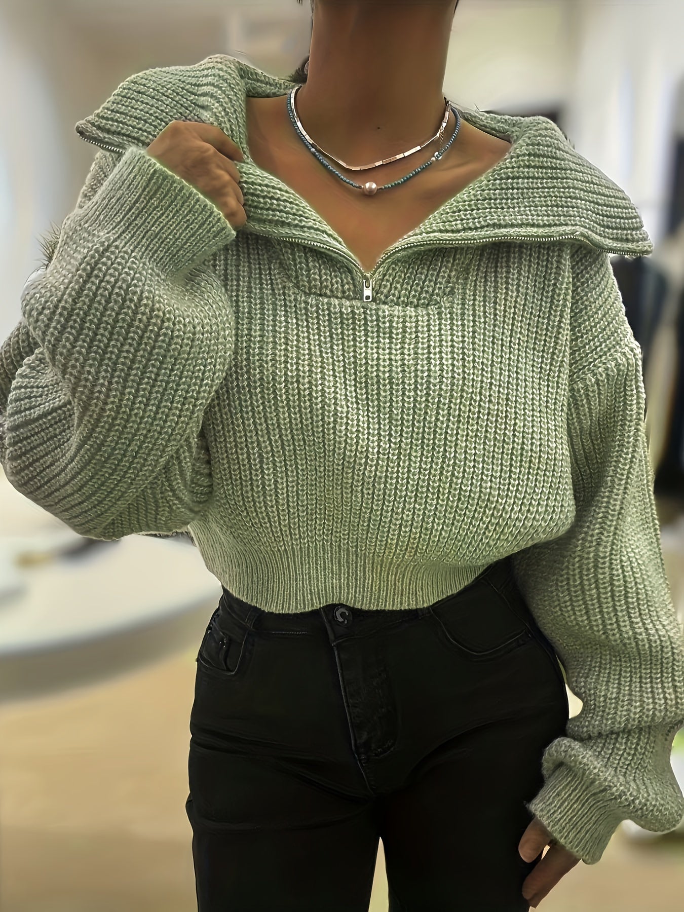 Pull court femme automne-hiver à demi-zip et manches lanterne – Pull côtelé élégant, coupe slim, tissu stretch mi-épais, lavable en machine, style décontracté chic, détail côtelé plié