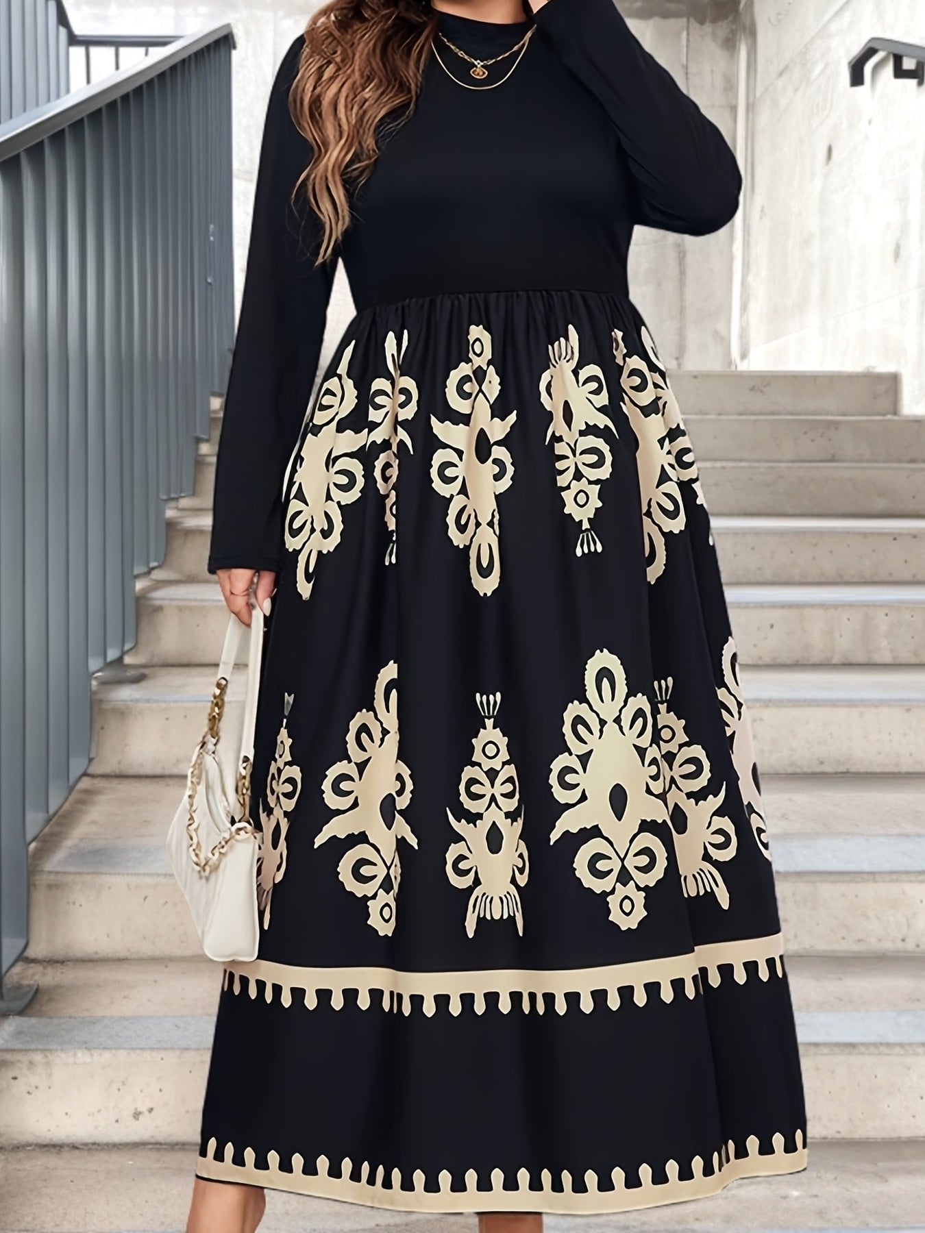 Robe Longue Grande Taille Élégante – Noir à Imprimé Floral, Col Rond, Manches Longues, Coupe A-Ligne, Idéale Mariages, Soirées, Prom et Événements Formels, Lavable en Machine