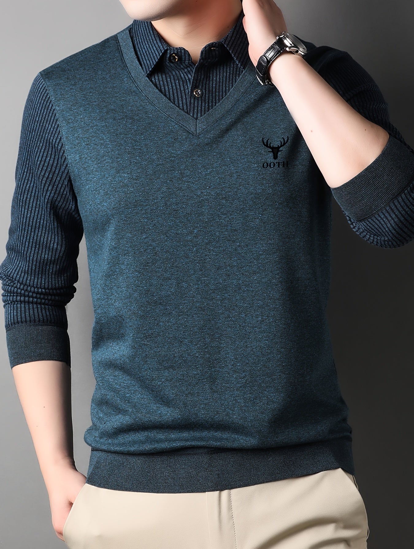 Men'S Spring And Autumn Thin Fake Two-Piece Lapel Button Long-Sleeved Knitted Pullover, Chest Embroidery, Button Placket, Suitable for Daily Commuting, Travel And Office And Other Scenes, Is The First Choice for Gifts
