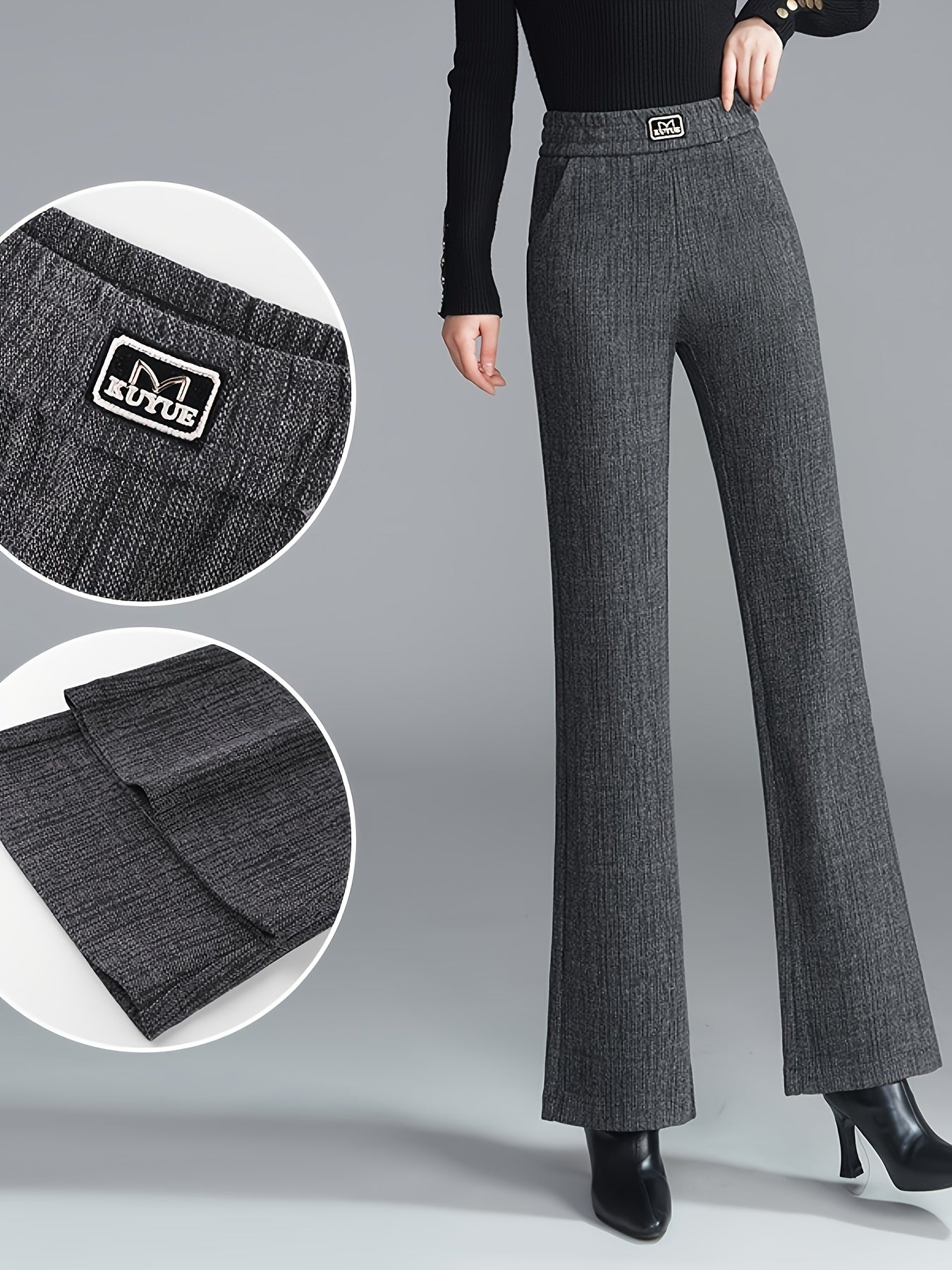 Pantalon Femme Taille Haute en Tweed – Jambe Évasée, Style Coréen, Taille Élastique Sans Ceinture, Gris/Noir