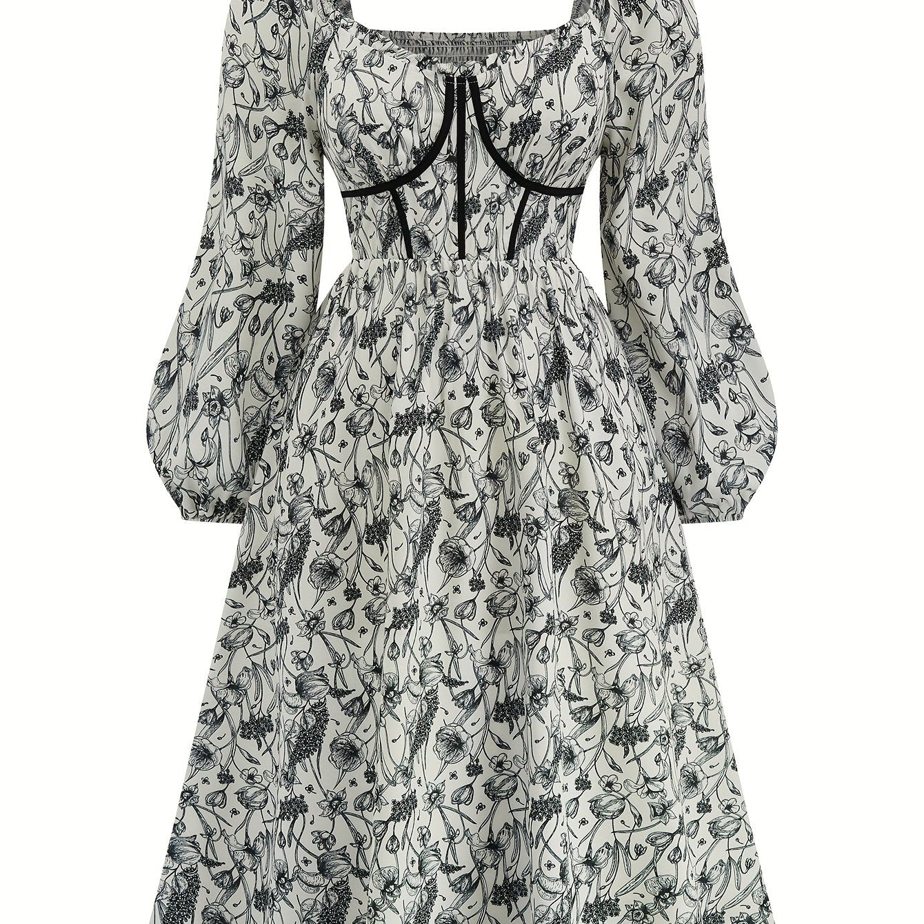 Robe fleurie décontractée élégante femme – col carré, manches, coupe A-line mi-longue avec smocks, coupe ample, printemps/été/automne, vacances et sorties décontractées, matière respirante, mode printemps