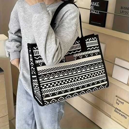 Sac Cabas en Toile Géométrique d’Inspiration Vintage pour Femmes – Grande Capacité, Portable avec Fermeture Éclair, Lavable à la Main, Design Stylé et Motifs, Sac Cabas Quotidien | Design Vintage | Fermeture Éclair, Sac Cabas