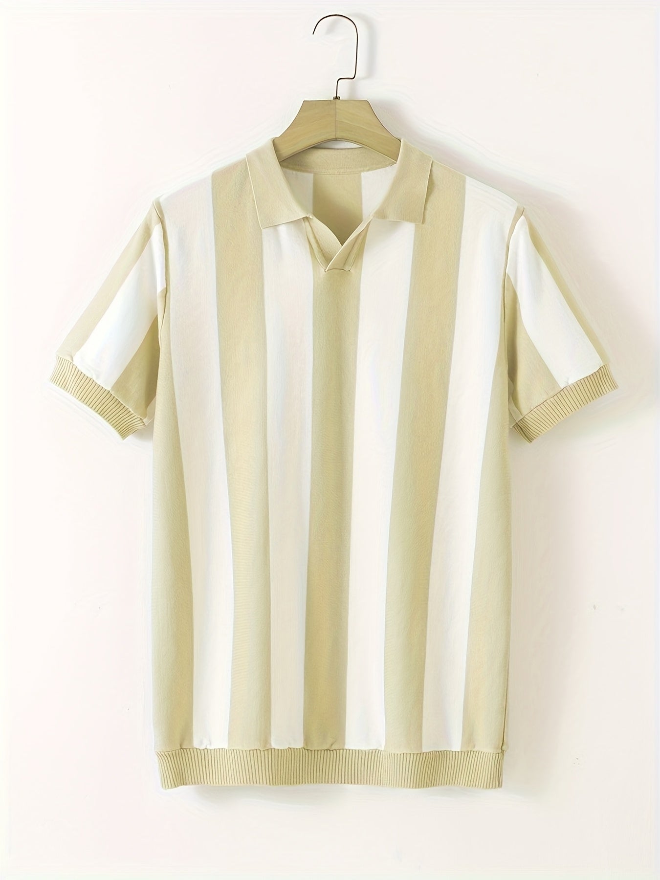Men'S Beige & White Striped Short Sleeve Polo Shirt - Lightweight, Breathable Knit Fabric, Regular Fit, Perfect for Golf, Business Casual, and Spring/Summer Outings, Golf Attire | Classic Polo Design | Medium Elasticity