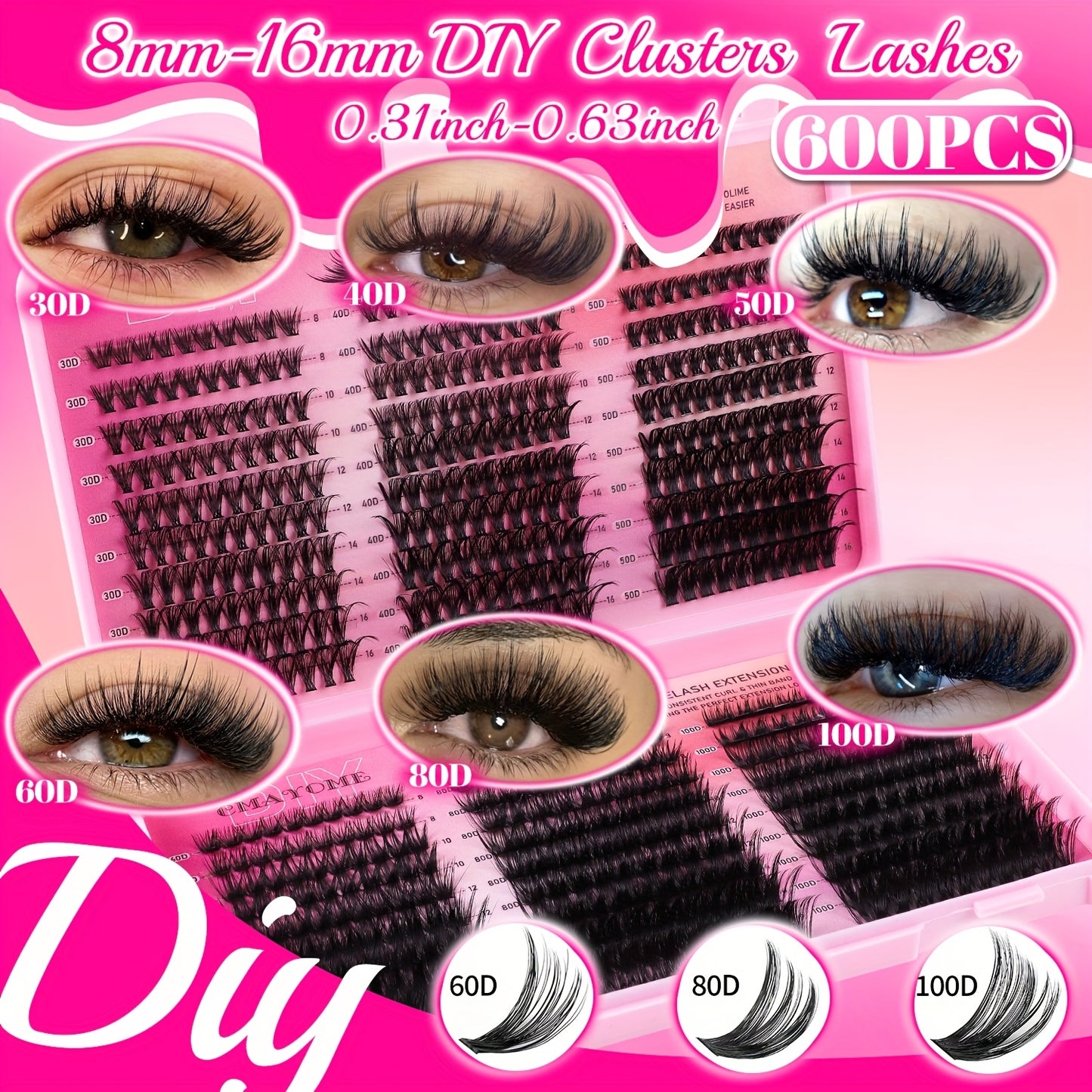 600/200 pcs Cils Individuels – Kit d’Extensions DIY 30D/40D/50D, Inclus Pince et Brosse Douce, Cils Réutilisables, Parfaits pour Maquillage de Soirée, Scène et Festivals