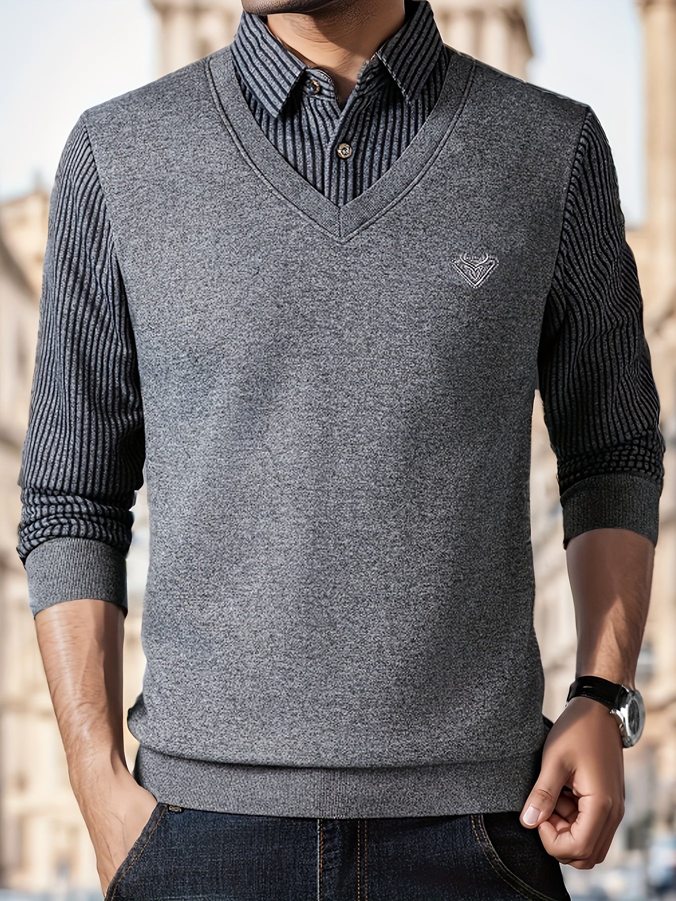 Men's Casual Knit Polyester Sweater - Long Sleeve Layered-Look Lapel Collar with Striped Pattern and Embroidered Detail - Perfect for Sports, Travel, and Office Wear - Spring/Fall Lightweight Stretch Pullover