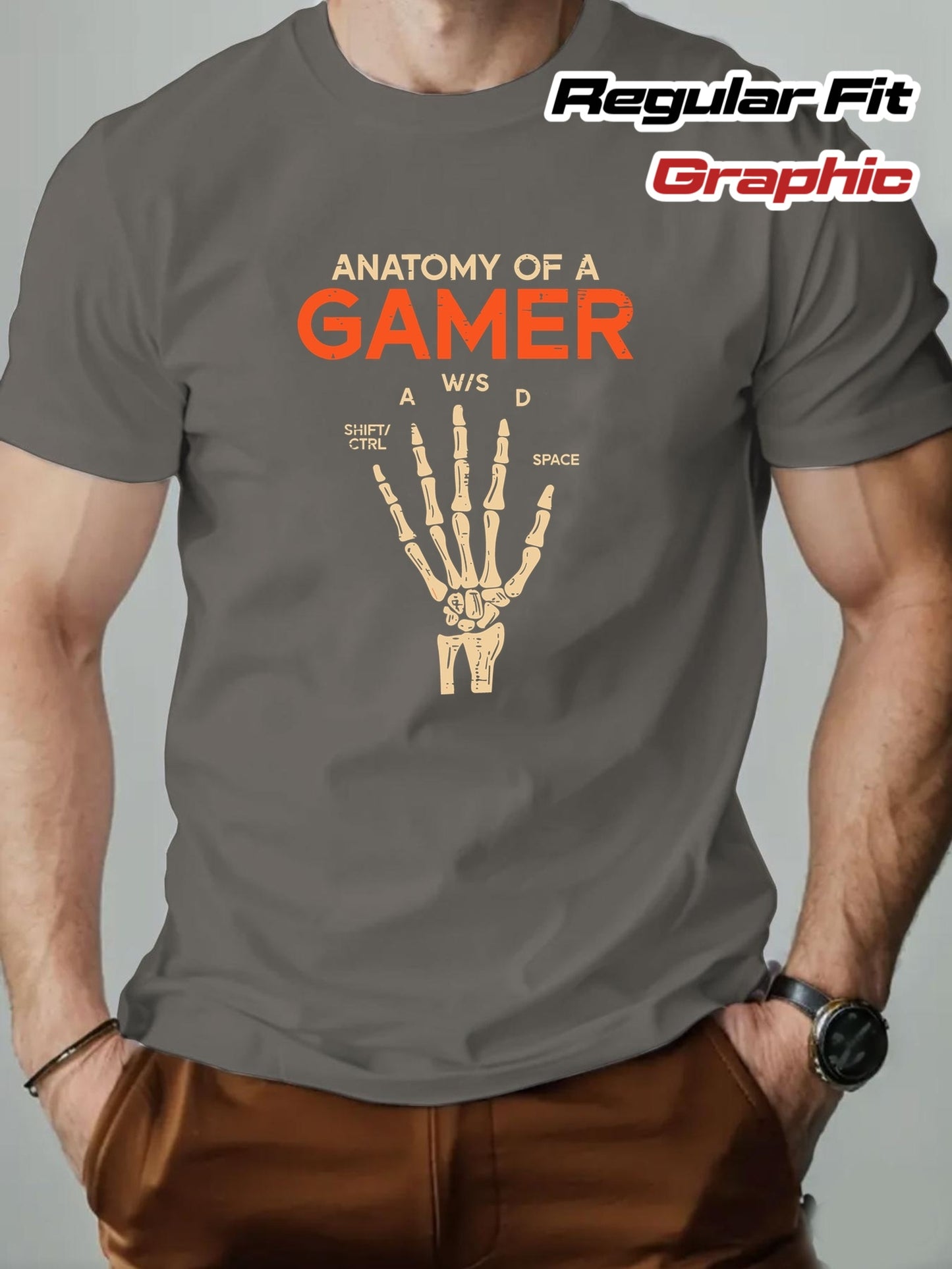 Men's Anatomy of a Gamer Graphic T-Shirt - Black Casual Short Sleeve Summer Tee with Skeleton Hand & Gaming Controls Design, Lightweight Round Neck Regular Fit for Adult Gamers, Gaming Shirt