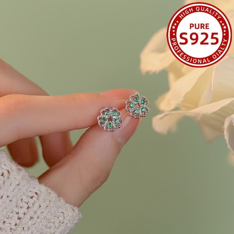 1 paire de boucles d’oreilles élégantes style français à fleur creuse avec zirconia synthétique vert – 1,1 g, argent sterling 925