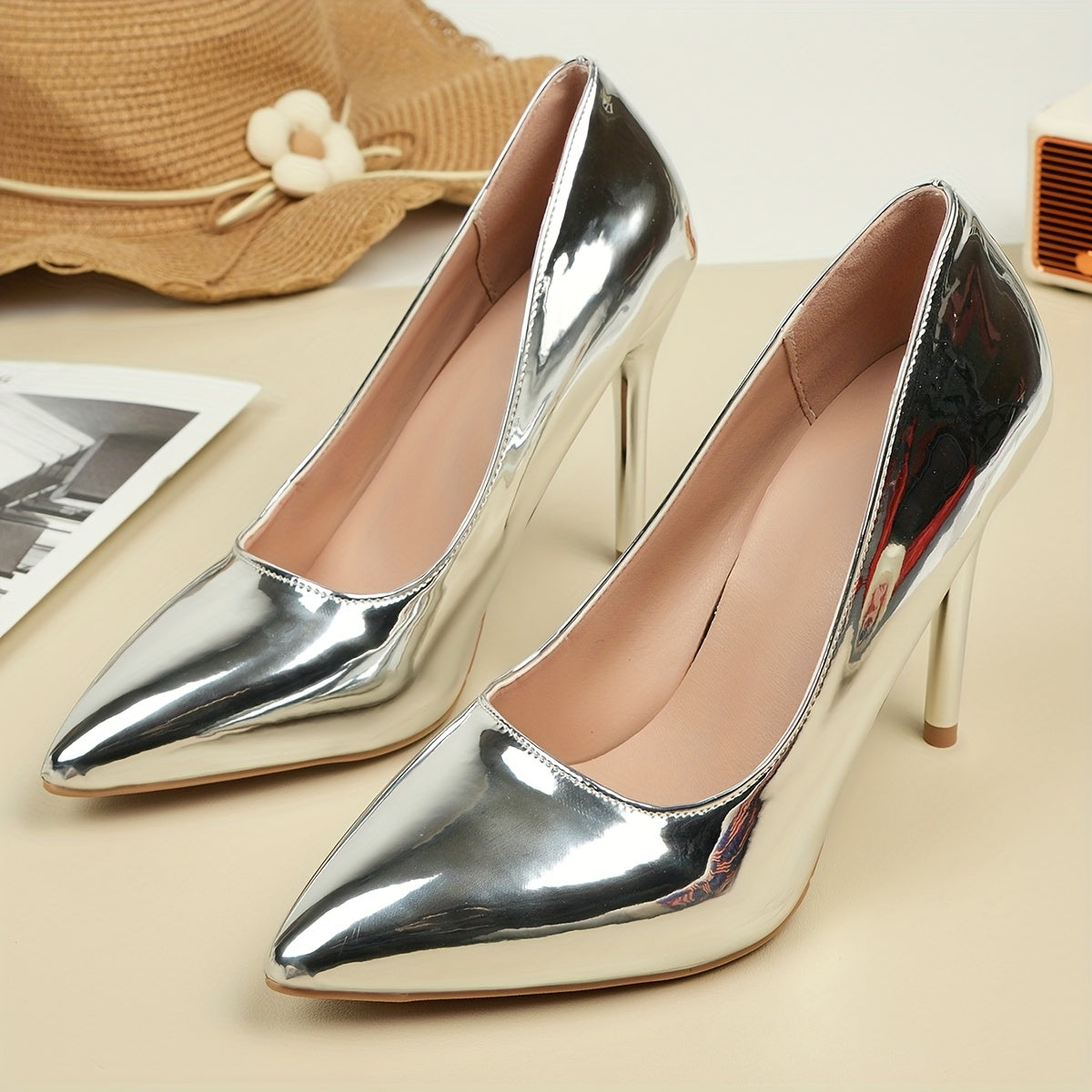 Escarpins Sexy à Talons Aiguilles pour Femme – Talon Ultra-Haut 10,01 cm, Bout Pointu, Couleur Unie, Finition Métallique Argentée ou Dorée, Toutes Saisons, Tige et Doublure en Polyuréthane, Semelle en Caoutchouc, Design Minimaliste