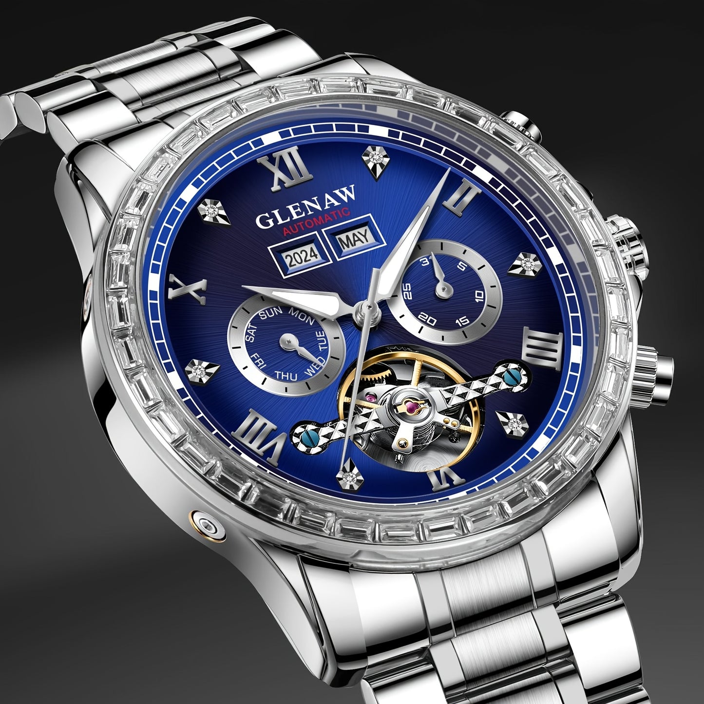 Men's Automatic Mechanical Watch, Rhinestone Case, Multi-function Perpetual Calendar Dial, Stainless Steel Strap, Year, Month, Day and Week Display, Automatic Mechanical Watch For Men, Mechanical Watches For Men High Quality,
