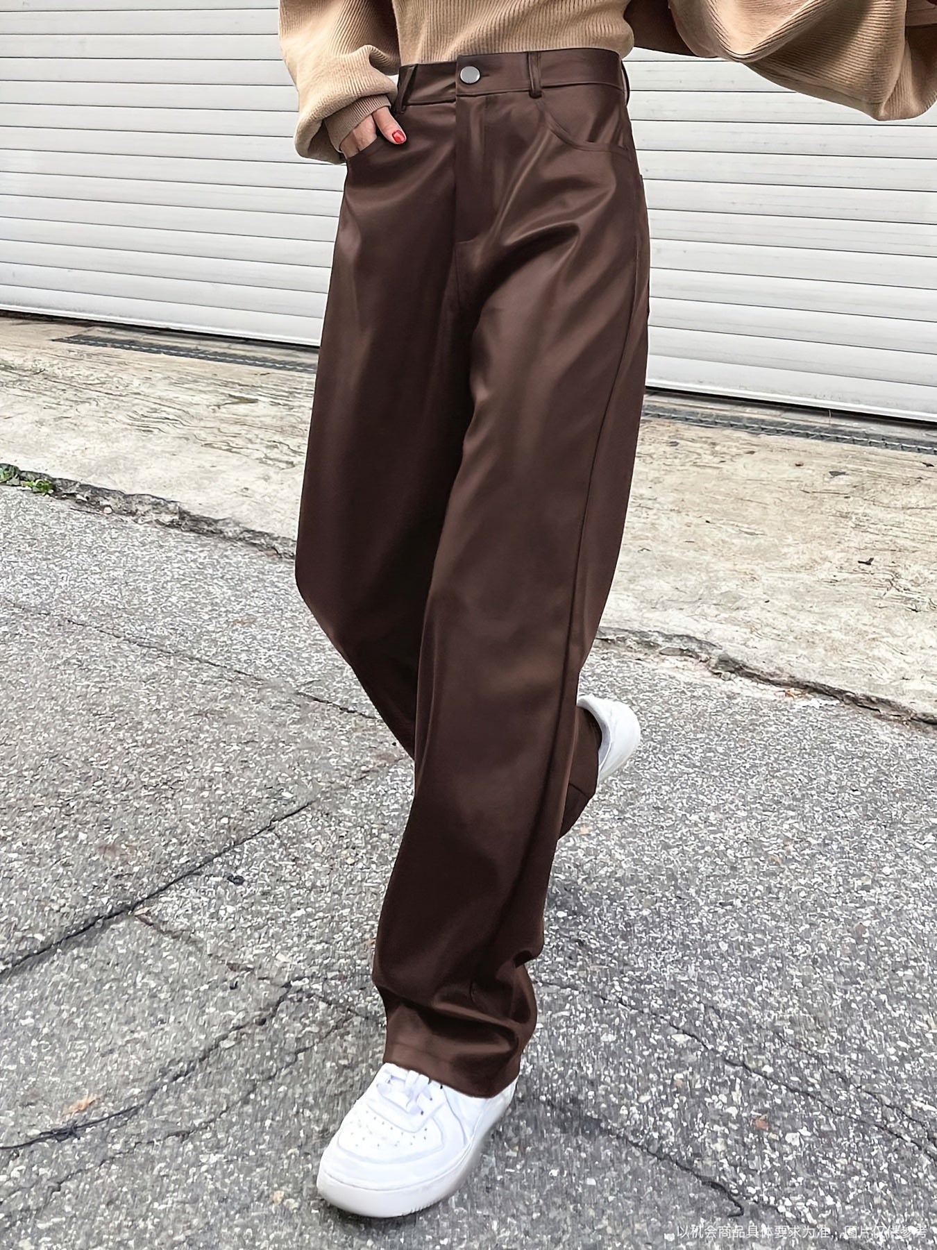 Pantalon Femme Taille Haute – Jambe Droite Marron, Élégant, Bureau et Décontracté, Poches Latérales, Extensible, Tous Saisons