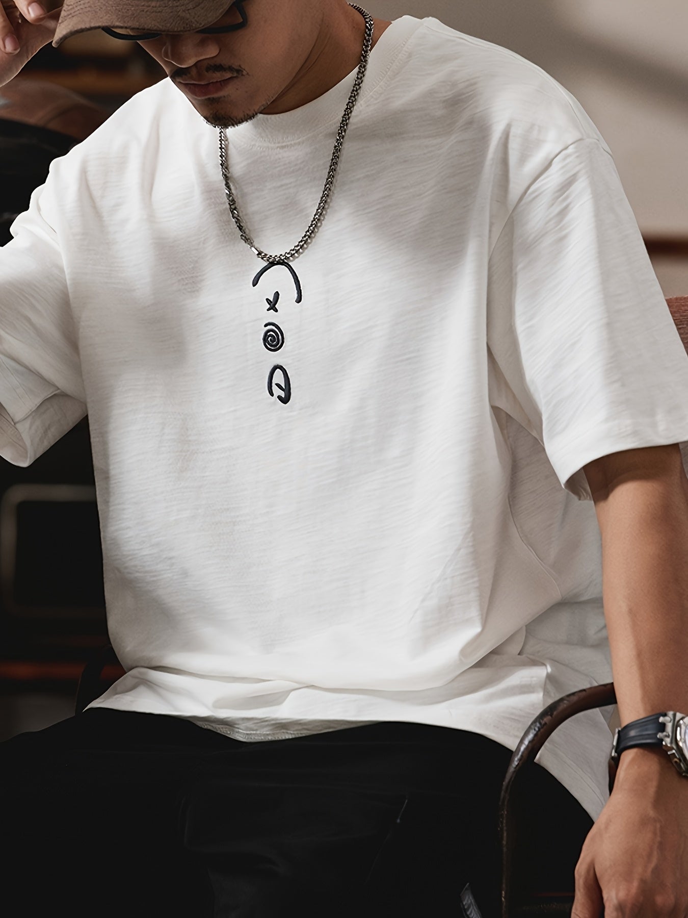 Men's Heavyweight 100% Cotton Oversized T-Shirt with Music Note & Headphone Graphic Chest Print - Breathable Summer Casual Round Neck Long Sleeve Loose Fit Tee for Casual Attire, Music Events & Lounge Outfits