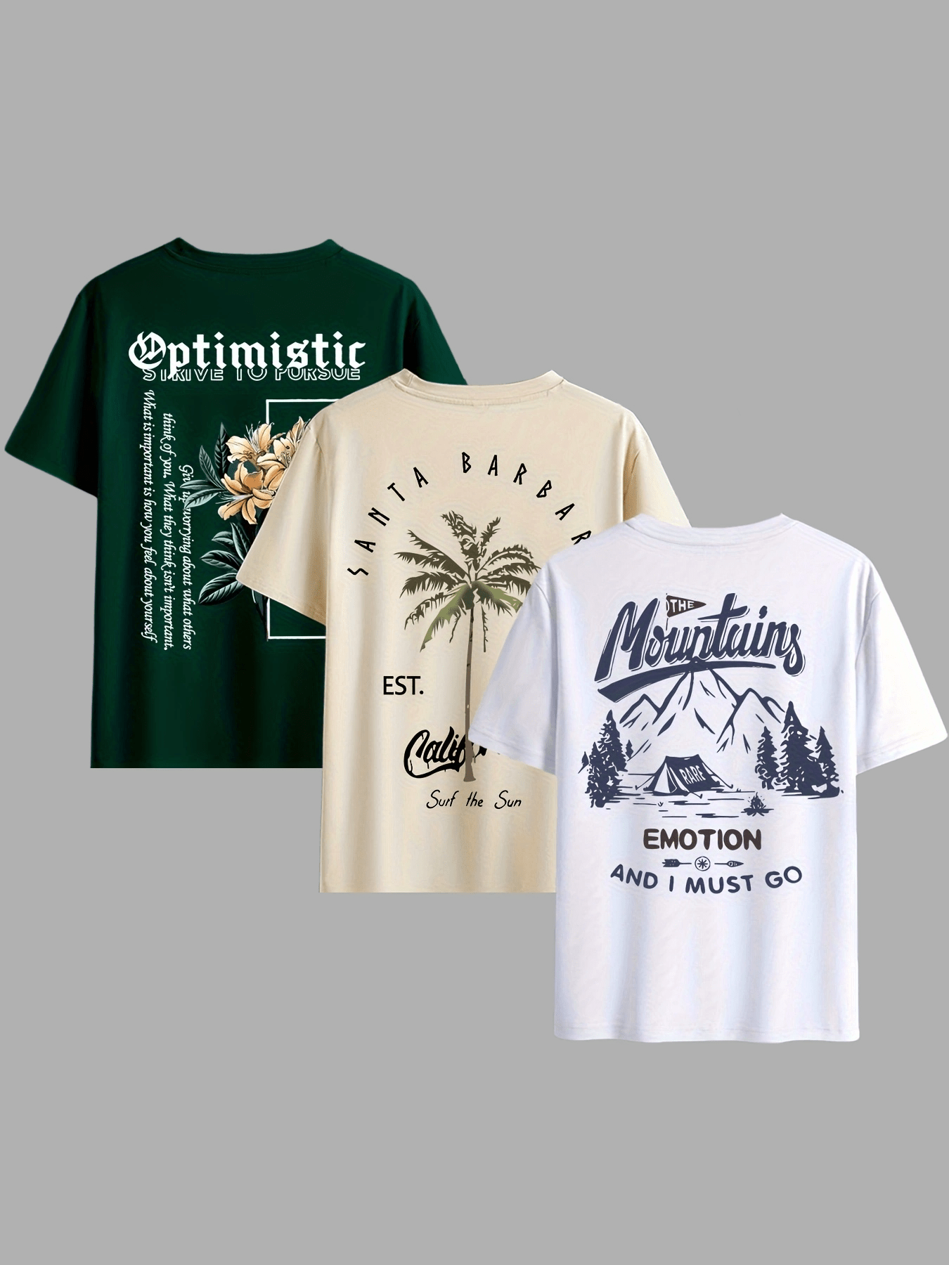 3pcs Men's Summer Palm Tree & Coconut Lettering Print T-Shirts - Tropical Themed Casual Round Neck Tees Suitable for Beachwear, Poolside & Everyday Summer Outfits - 3pcs Bulk Pack for s