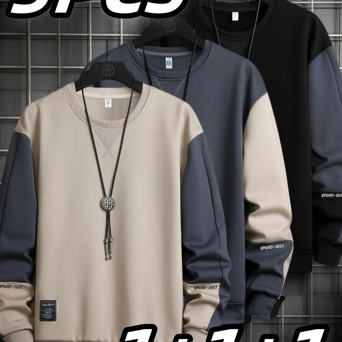 3pcs Sweatshirts Homme Col Rond – Polyester Extensible, Motif Lettre, Beige/Noir