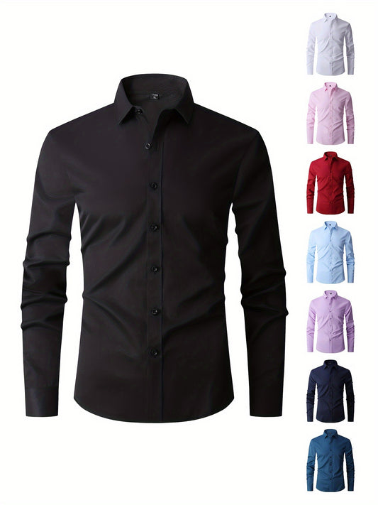 Men'S New Long-Sleeve Shirt, Slim Fit for Young Adults, Business Casual White Shirt in Solid Color, Available in Large Sizes.