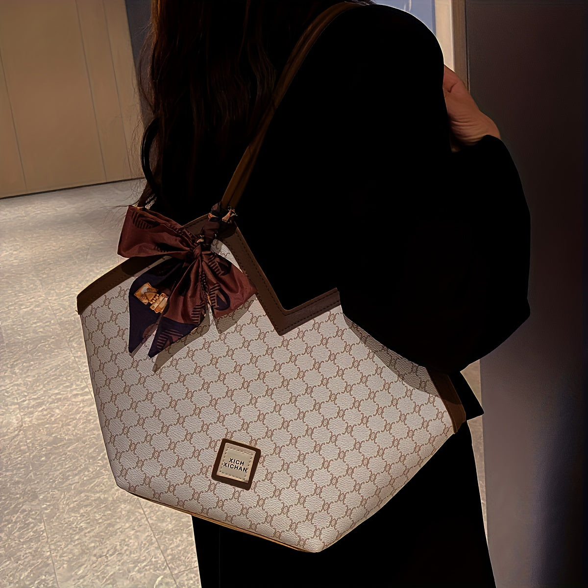 Sac Cabas Femme – Extra Large, Ruban Noeud, Noir & Marron, Zippé, Quotidien