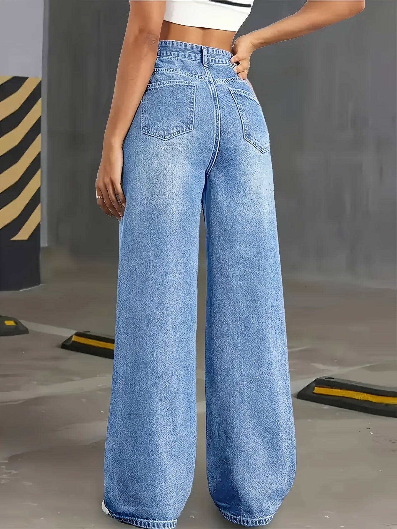 Jean Femme Taille Haute Évasé et Extensible - Pantalon Droit Bleu Délavé avec Ceinture et Poches, Effet Gainant, Idéal pour Toutes Saisons, Travail, Bureau ou Voyage - Jean Casual et Chic