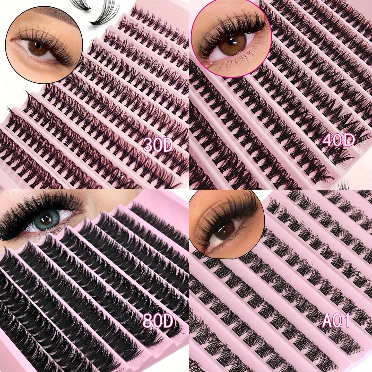 200 paquets de cils individuels (extensions 30D, 40D, 80D et 120D) - Assortiment A01 - Pose sur une seule plaque - Courbure D multi-styles - 0,07 mm - Aspect naturel et réaliste - Faciles à poser