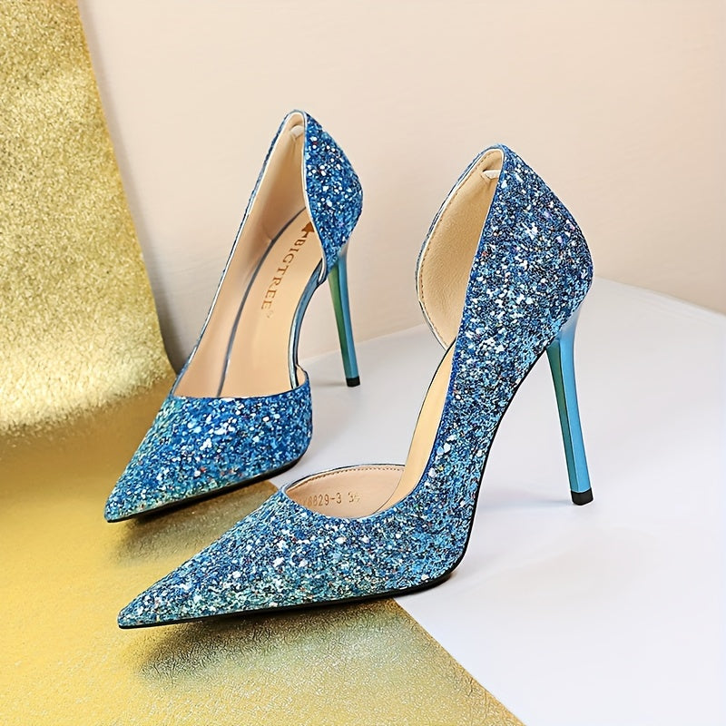 Escarpins à Paillettes Brillantes – Talons Aiguilles Ultra-Fins, Bout Pointu, Finition PU Scintillante, Bleu / Doré – Chaussures de Soirée, Mariage & Bal – Chaussures Habillées Toutes Saisons (Design Échancré Confortable)